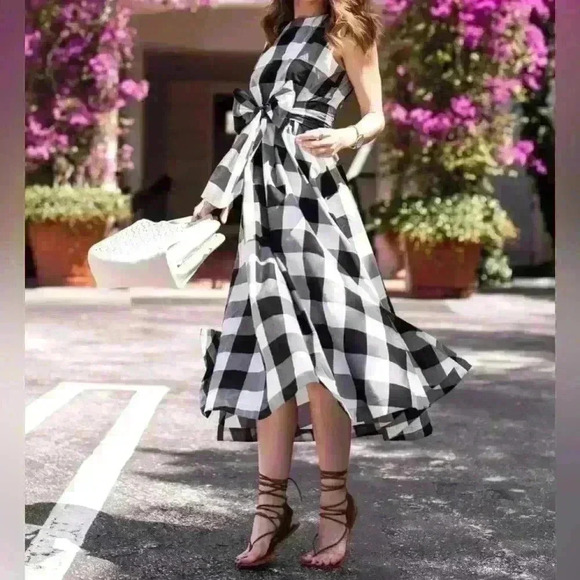 Ann Taylor Cotton Black White  Gingham Midi Dress‎ Plaid Sleeveless size MPetite - Picture 3 of 13